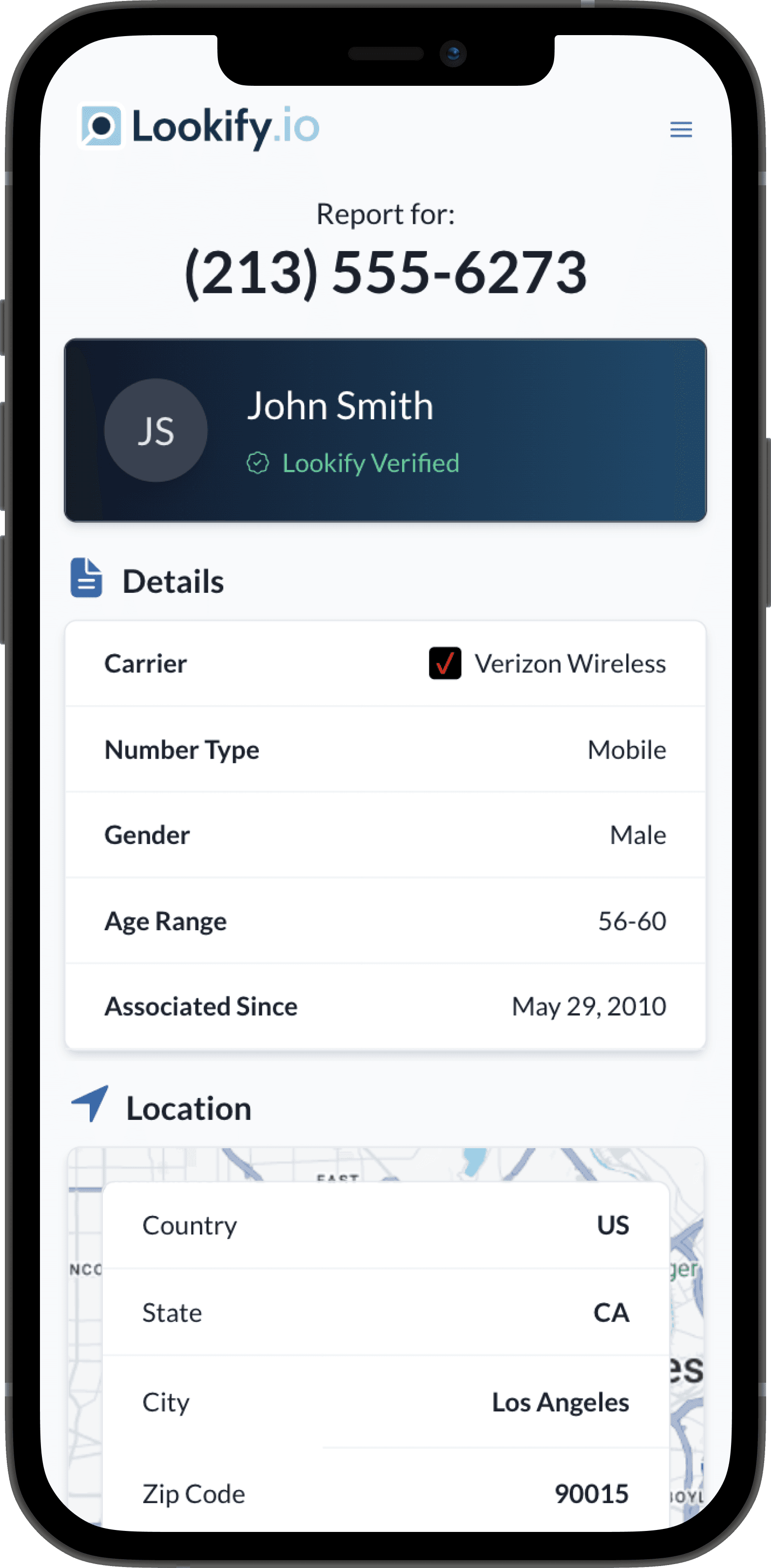 Smartphone with Lookify phone number search results on the screen